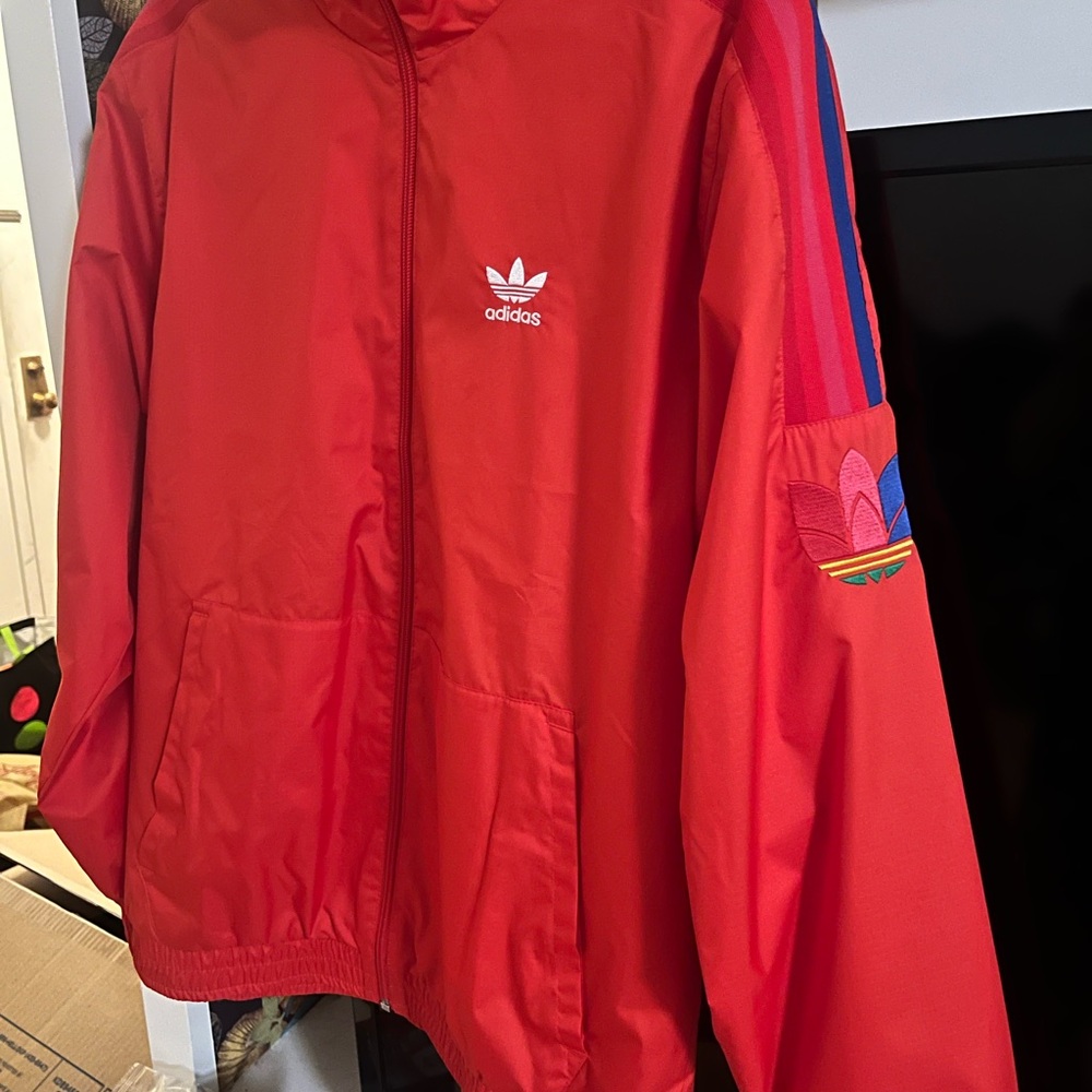 Adidas Red Jacket with Colorful Sleeve Stripes